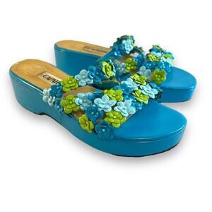 VINTAGE CAPARROS Turquoise Lime Floral and Bead Slide Platform Sandals SZ 6.5